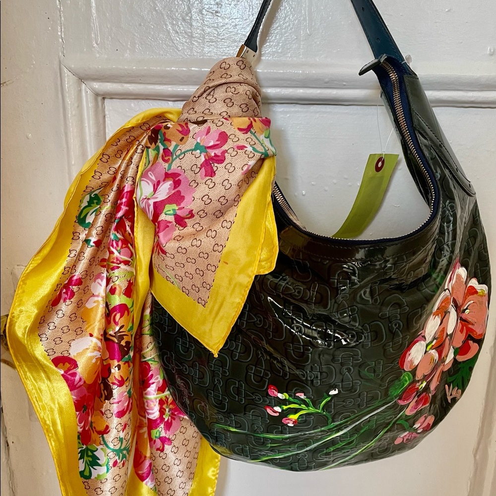 Custom painted Authentic Gucci Monogram Horsebit Hobo bag, patent leather.